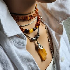 Amber Jewelry Natural Amber Nugget Rhodium Silver Pendant Genuine Leather